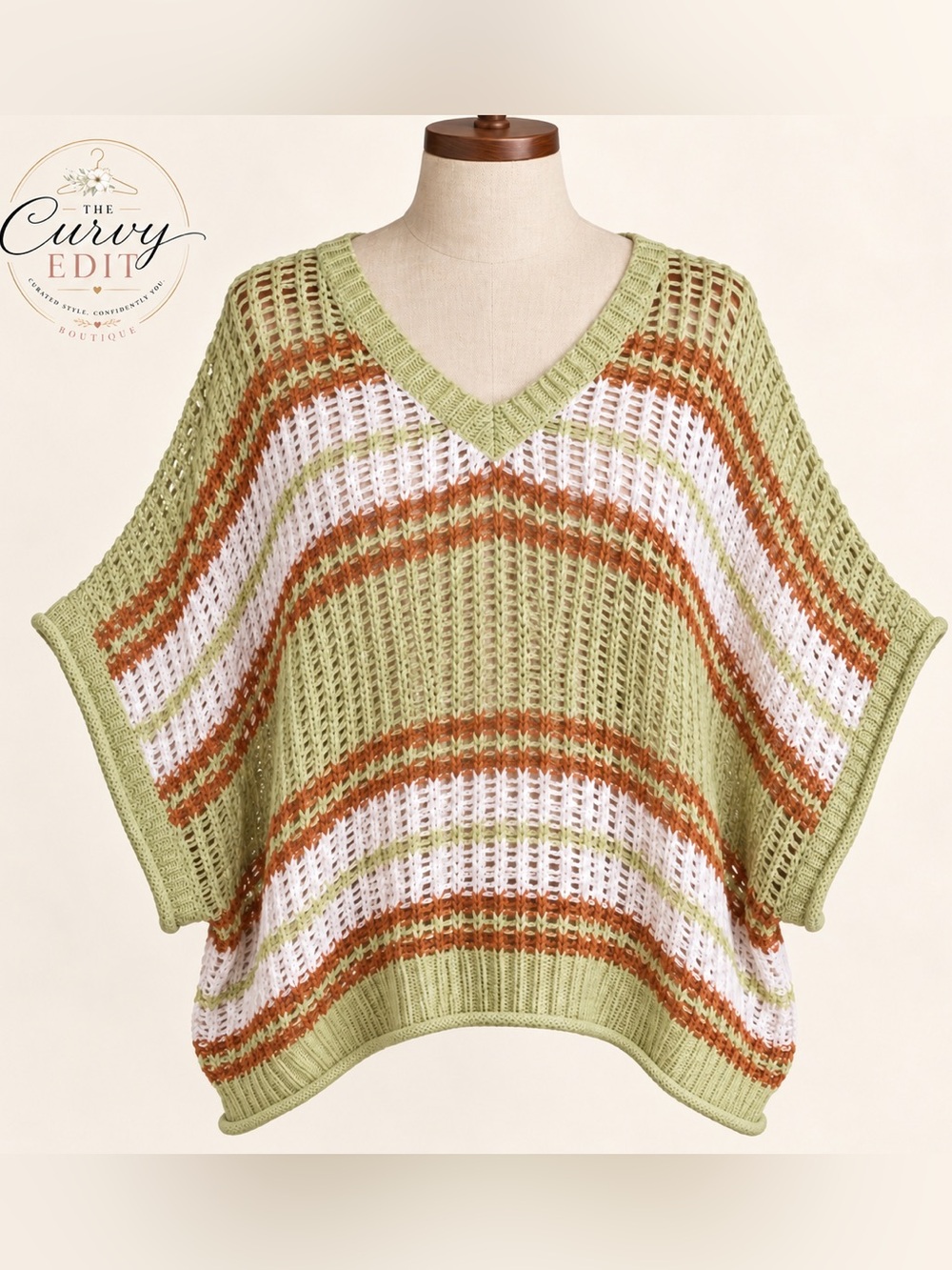 POL S/M Open Knit Striped V-Neck Sweater Green Rust White Coastal Boho Oversized